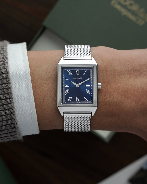  A square mens watch in rhodium-plated silver from Waldor & Co. with blue sunray dial. Miyota movement. The model is Conceptual 37 Antibes.