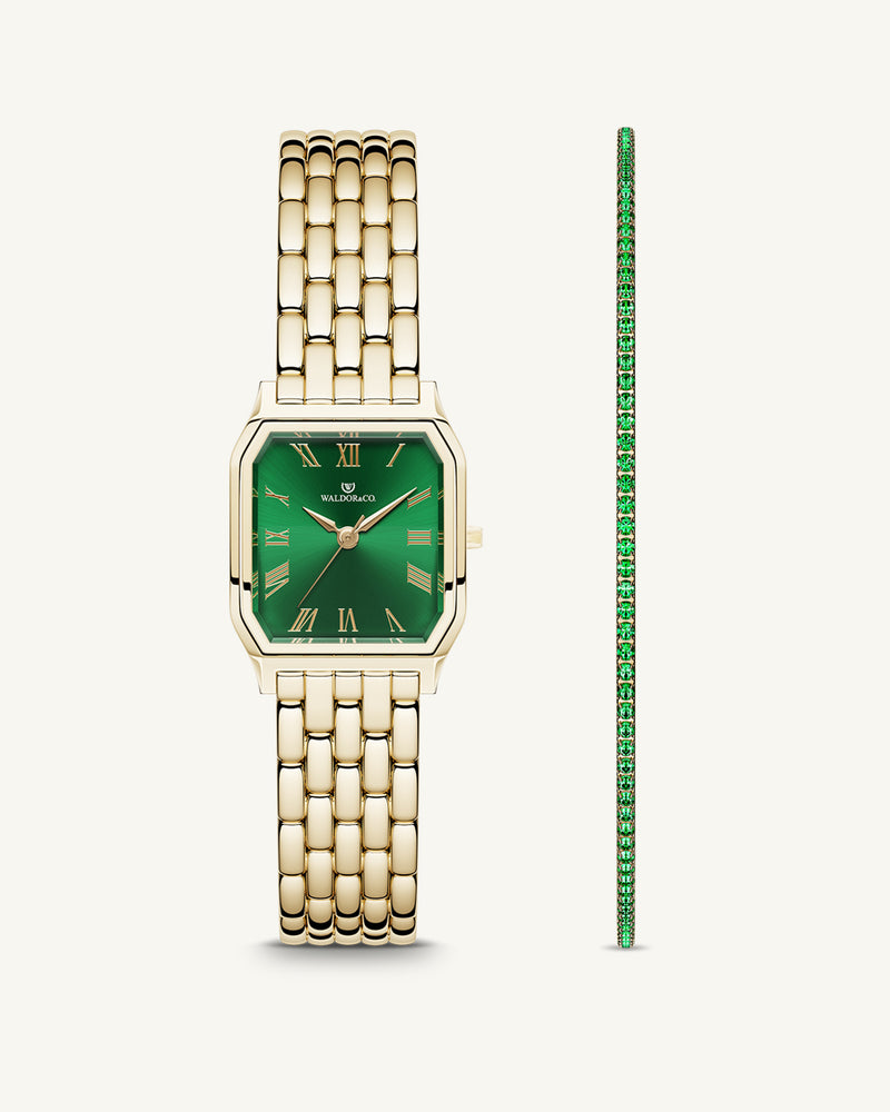 A square womens watch in 22k gold from Waldor & Co. with green Diamond Cut Sapphire Crystal glass dial. Seiko movement. The model is Eternal 22 Bellagio.