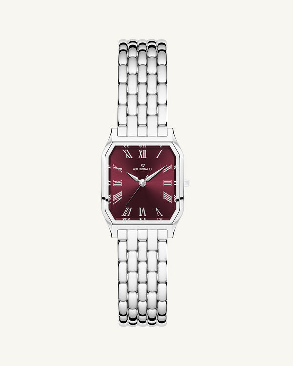 A square womens watch in Rhodium-plated 316L stainless steel from Waldor & Co. with black Diamond Cut Sapphire Crystal glass dial. Seiko movement. The model is Eternal 22 Bellagio.