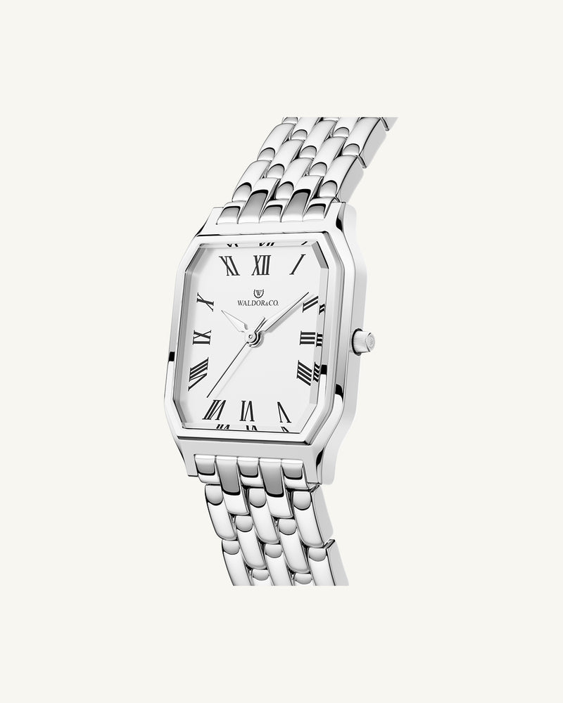 A square womens watch in Rhodium-plated 316L stainless steel from Waldor & Co. with white Diamond Cut Sapphire Crystal glass dial. Seiko movement. The model is Eternal 22 Bellagio.